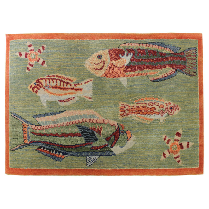 Landry & Arcari Rugs and Carpeting Fish Design HandKnotted Wool Green